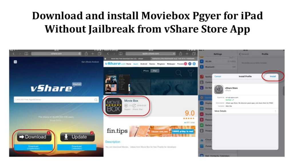 Downloading and installing Moviebox Pgyer for iPad Without Jailbreak from vShare Store App